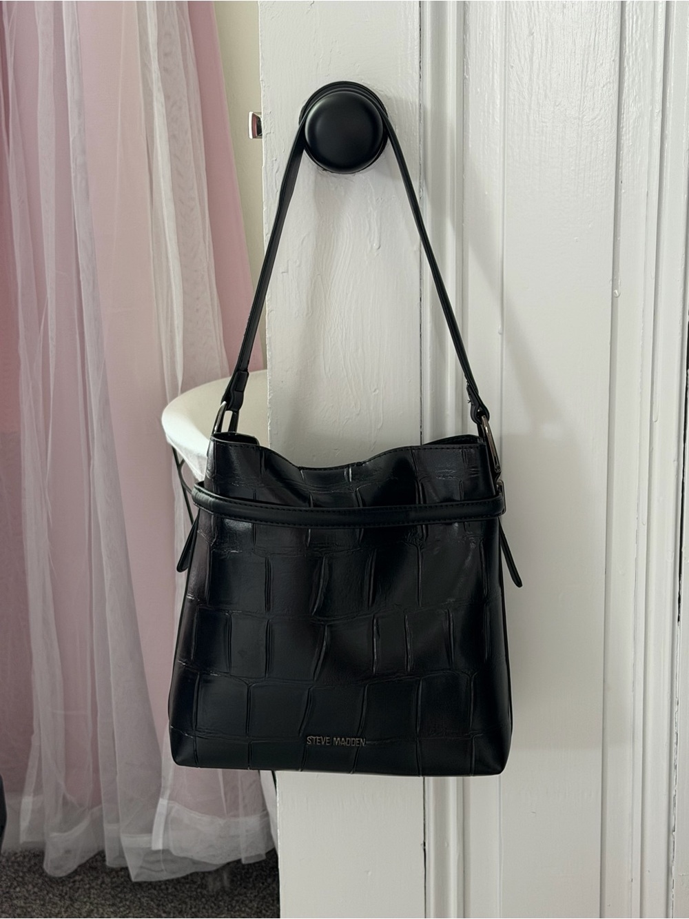 Steve Madden Black Croc-Embossed Leather Shoulder Bag